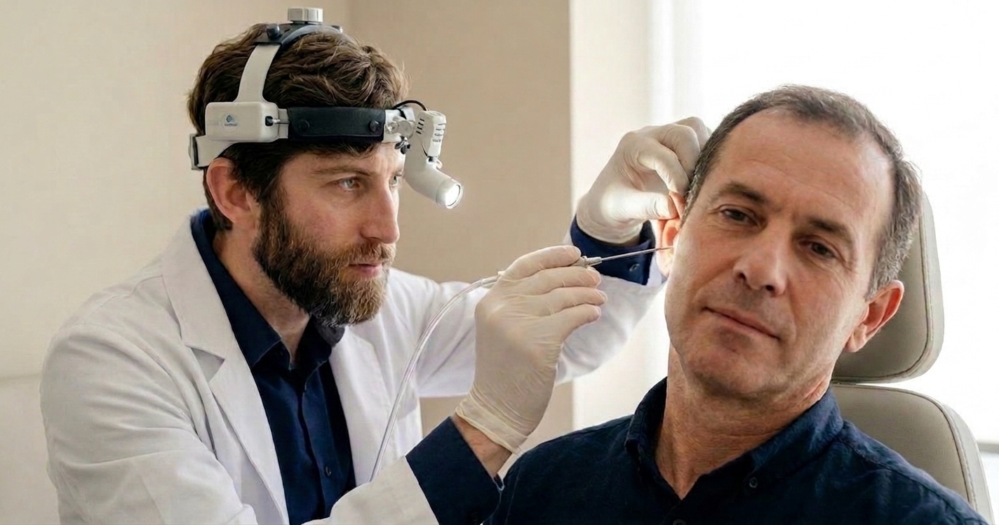 Avaliação ORL de ouvido tapado em Lisboa — médico otorrinolaringologista a fazer microsucção do canal auditivo
